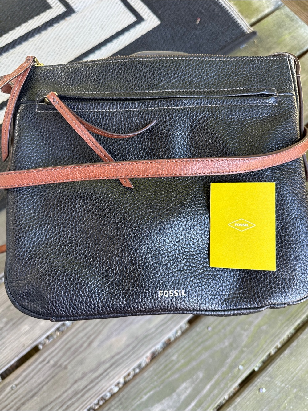 Fossil Black Crossbody with Brown Strap